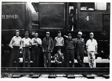 L. to R.: Leonard Long, Charles Queen, Kenneth Caplinger, Walter "Pop" Good, Robert Cassell, Percy F. "Bus" Long (Wheeling), Ivan Clarkson, Clyde Galford, Kyle "Catty" Neighbors; Cass, W. Va.