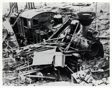 Collapsed building on top of train. Premar Coal Co. Property, Austin, W. Va.; Lima CN/#1907 of 1907; Scrapped Summer of 1969; EX-GL and E#6.