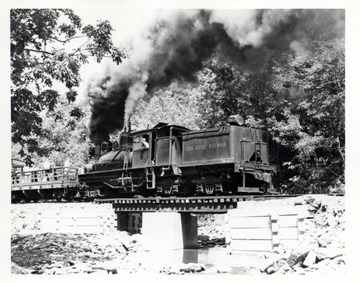 Shay No. 4 crossing a railroad bridge. Cass Scenic R.R. Cass, WV; Richard Carter, N. Whitehall Rd, Norristown, R.D. 3, P.A.