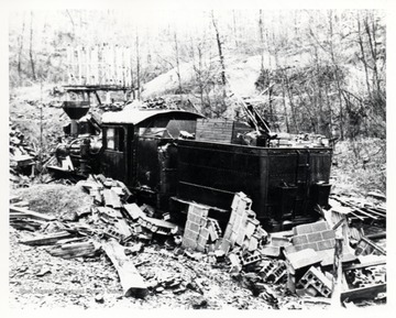 Train engine crashed into a block structure. Premar Coal Co. property, Austin, WV; Lima CN# 1907 of 1907.