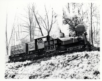 Shay No. 7 train engine on the tracks of a hillside; Richard Carter, N. WHitehall Rd., Norristown, R.D. 3 P.A.