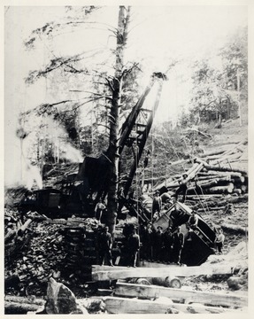 Portrait of men and crane lifting train. 