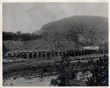 Logs and lumber piles seen from a distance.