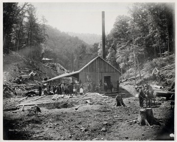 Workers, woman, and children stand in front of mill.