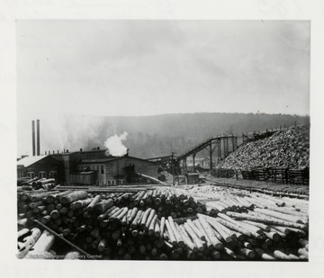 Lumber mill surrounded by piles of wood.