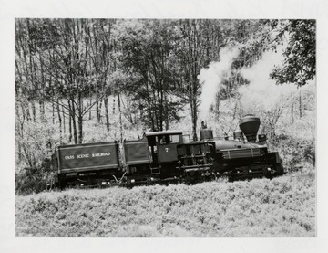 Side view of Shay train engine.