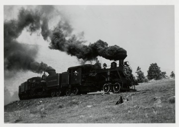 Two train engines: Heisler and Shay No. 7 from Cass Scenic Railroad, at Gum Curve.