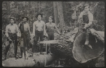 Four crew members standing beside a log.  One sitting on top of the log.