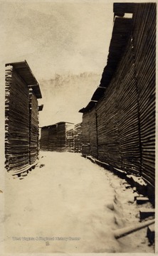 Path between rows of lumber piles.