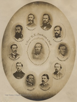 Portraits of Civil War officers;  Lt. Gen T.J. Jackson and Staff;  Clockwise from the top:  R.L. Dabney Maj. A.A.G., W. Allan LT. Col. Chf. Ord., A.S. Pendleton Lt. Col. A.A.G., J.G. Morrison Capt. A.D.C., D.B. Bridgeford Maj. P.M., H.K. Douglas Maj., J.P. Smith Cap. A.D.C., Hunter McGuire Maj. and Med. Dir., J. Hotchkiss Capt. Ton. Eng., W.J. Hawks Maj. Chf. C.S.  Center Photo of Lt. Gen. Thomas J. Jackson (Stonewall).