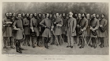 Group portrait; 1. John B. Hood  2. Richard Stodard Ewell  3. Braxton Bragg  4. Albert Sidney Johnston  5. Wade Hampton  6. E. Kirby Smith  7. Jubal A. Early  8. A.P. Hill  9. S.D. Lee  10. Richard H. Anderson  11. John B. Gordon  12. Theophalus S. Holmes    13. William G. Hardee  14. Joseph E. Johnston  15. Simon B. Buckner  16. James Longstreet  17. Leonidas Polk  18. R.E. Lee  19. N.B. Forrest  20. G.T. Beauregard  21. Thomas J. Jackson  22. Samuel Cooper  23. J.E.B. Stewart  24. Richard Taylor  25. J.C. Pemberton  26. D.H. Hill 