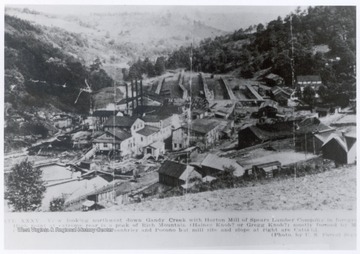 View looking NW down Gandy Creek with Horton Mill of Spears Lumber Company in forground.  High Point at extreme rear is a peak of Rich Mt. (Haines Knob? of Gregg Knob?) mostly formed by Mauch Chunk Slope at left is mostly Greenbrier and Pocono but mill site and slope at right are Catskill.