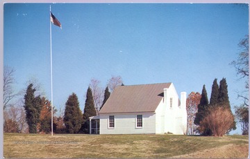 a postcard of the Stonewall Jackson Shrine, Guinea, V., a part of the Fredericksburg and Spotsylvania National Military Park, Fredericksburg, VA. In this house Stonewall Jackson died May 10, 1863. In a visit to this area in 1928 Winston Churchill is reputed to have said, "That little house witnessed the downfall of the Confederacy."  