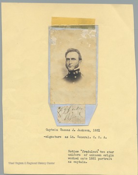 Jackson resigned his U.S. Army commission in 1851 and accepted a teaching position at Virginia Military Institute in Lexington, Virginia until the outbreak of the Civil War in 1861. He would earn the rank of lieutenant general in the Confederate Army and the sobriquet, "Stonewall".