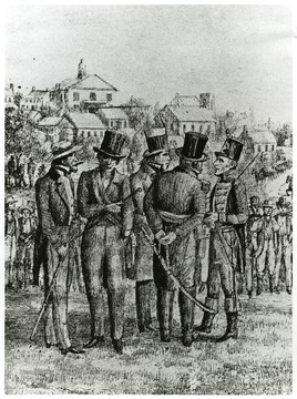 Sketch of a men gathered for a militia meeting. General muster of militia at a West Virginia county seat before the Civil War, required to be held at least once each year. No uniforms were provided, and few were owned and worn-officers were distinguished by colored sashes and each man provided his own arms. Because of division in the ranks, these county militia regiments were of little use in the Civil War. See West Virginia Collection Pamphlet 6610 and Boyd Stutler's 'West Virginia in the Civil War.'