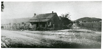 Junction of the Anthony's Creek Road and the James River and Kanawha Turnpike 'now route 60' where Averell's force met Patton's brigade in a head on collision. This was the scene of the fiercest fighting; the road in the center was filled with the dead and wounded.  Photo taken about 1912 is from Mac Corkle's 'White Sulphur Springs. See West Virginia Collection Pamphlet 6610 and Boyd Stutler's 'West Virginia in the Civil War.'