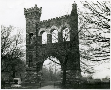 The War Correspondents Monument, a 50 foot high structure which sits in the middle of Crampton Gap, South Mountain, a few miles east of Harpers Ferry. Erected through the efforts of George Alfred Townsend, himself a famous war correspondent in the Civil War, known as 'Gath,' the monumental arch was dedicated on October 16, 1896. Now under the care of the National Park Service, surrounded by Gathland Park, a Maryland recreation center, the arch was re-dedicated  on October 16, 1946, to the correspondents of all wars. Marble tablets bear the names of 147 Civil War correspondents and artists, while ranged at the end four bronze tablets tell the action in Crampton Gap, and important phases in the battle of South Mountain. See West Virginia Collection Pamphlet 6610 and Boyd Stutler's 'WV in the Civil War.'