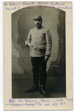 Postcard portrait of Abbot Leon Delannoy, of Wavrin, Northern France, Pastor during World War I, 1914-1919.  Card is addressed to 'Madame Bennett, glorious Bennett's mother, affectionate remembrance.' Cure Leon Delannoy, Wavrin France sent this picture to Dora Frost a friend of Sallie Maxwell Bennett.  Frost forwarded the photo to Sallie with letter 2 November 1919.  Bennett Collection, Box 3, Folder 11. 