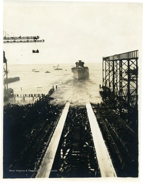 The U.S.S. West Virginia out at sea, moments after launching from the dry dock. 