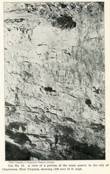 View of a portion of the stone quarry in the city of Charleston, W. Va., showing cliff of over 50 ft. high. From the Report of the W. Va. State Board of Agriculture for the Quarter Ending Sept. 30, 1908.