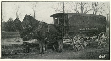 An entire school of nineteen has been taken to school in this wagon when the mercury was 20 degree below zero. Route, 7 miles.  Carbon heater. Centralized Schools will also make good roads.