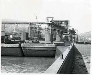 Humphrey Dock with coal barges in the water. 