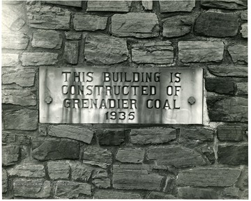 Plaque stating that the building was constructed of Grenadier Coal in 1935.  J.P. McMahon Coal Co.