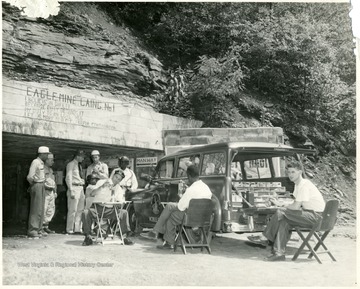 Mine Safety Training at Eagle Mine Laing No. 1. Standing Left to Right are; U.G. Carter, Director, Mining Extension Service; R.L. Robertson, Mine Foreman; Howard Thompson, Safety Director, Department of Mines; Bennett Ferguson, Mobile Class Instructor; Julius Blaney, Fireboss. Seated Left to Right, Safety Committeemen Thomas Franklin, Clinton Phipps, Bullard Richards and Daniel Bryant, Section Foreman.