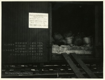 Train car with bags of coal headed to Salaverry, Peru. Sent by the Davis Coal and Coke Co.