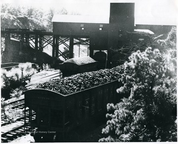 Coal cars at tipple being loaded with coal.