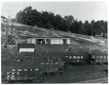 Chesapeake and Ohio and Virginian Coal Cars with a shed in the background. Taken at the Summerlee mine.