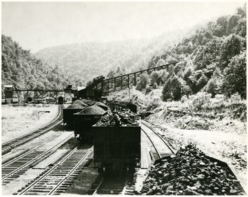 Man riding in a coal car with loading facility in background. 