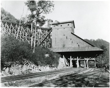 Man standing on railroad tracks next to tipple.