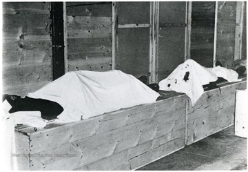 Bodies covered with blankets of two coal miners killed in Mulga, Alabama lie on top of wooden caskets. 