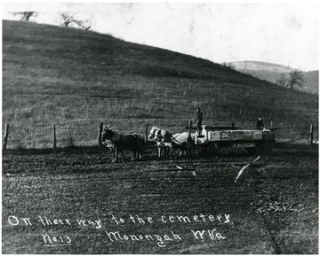 Two men drive a horse drawn cart carrying wooden caskets to the Monongah Cemetery.