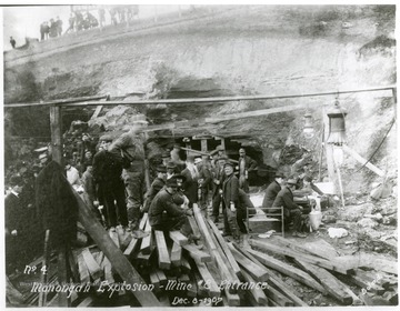 Men gathered near the entrance to mine no. 8.