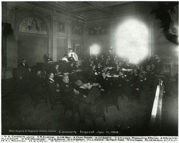 Group portrait of men who participated in the Coroner's Inquest after the Monongah Mine Disaster.  1. to 6. Coroner's Jury, 7. R.S. Larue, 8. J.W. Paul, 9. Chas. Powell, 10. J.C. Gaskill, 11. S.C. Lowe, Prosecuting Attorney, 12. Interpreter, 13. J.G. Smyth, 14. G.M. Alexander, 15. E.B. Moore, 16., C.W. Watson, 17. L.L. Malone, 18. Frank Haas, 19. H.V. Hesse, 20. J.W. Stevens, 21. C.E. Scott, 22. A.J. Ruckman, 23. W.H. Bailey, 24. E.S. Amos (coroner), 25. Stenographer, 26. D. Victor, 27. J.H. Wheelwright. 