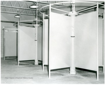 Three large showers with four shower heads per one stall