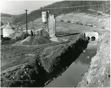 Stream, coal piles, and buildings at the Eastern Coal Co. Miracle Run Mine in Monongalia County. 