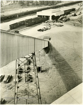 Looking down from top of a raw coal conveyor at receiving station.