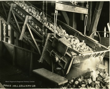 Coal is being sprayed as it comes off the conveyor.