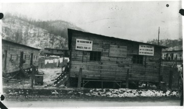 Strike signs hanging on side of a barracks in Grant Town, W. Va.