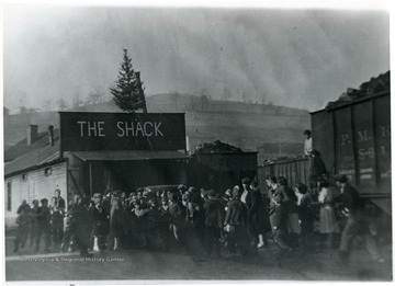 Group of children in front of the Shack for Christmas Party, Pursglove, W. Va., Monongalia County. 'For information on the Mountaineer Mining Mission, later the Presbyterian Neighborhood Services, See A&amp;M 2491 (S.C.).'