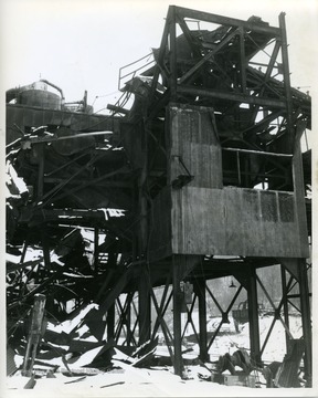 A close-up view of an old tipple at a coal mine on Route 7, near Cassville on a snowy wintry day.