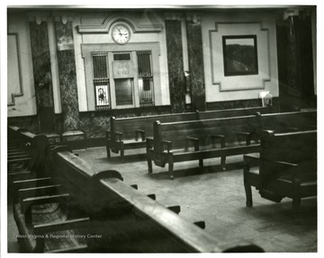 Benches and the office window inside the train station at Grafton, W. Va.