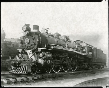 Engine No. 5125 decorated with American flags in the downtown Grafton, W. Va. yards.