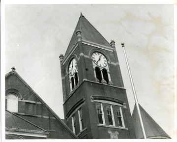 View of the Monongalia County Courthouse Clock Tower in Morgantown, West Virginia.