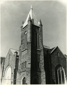 Outside of a Methodist Church on the corner of North High and Willey Streets, Morgantown, W. Va.