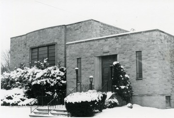 Entrance of Tree of Life Synagogue located on South High Street in Morgantown, W. Va. Snow laying on ground. 