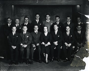 Group portrait of members of the Hillel Foundation located on University Ave. in Morgantown, W. Va. 